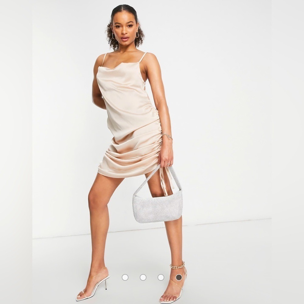 NaaNaa ASOS Slip Dress Women 4 Rose Gold Satin Ruched Romantic 90s Minimalist